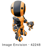 #42248 Clip Art Graphic Of An Orange Futuristic Robot Looking Up And Holding Hands With A Cam
