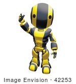 #42253 Clip Art Graphic of a Yellow Futuristic Robot Waving by Jester Arts