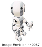 #42267 Clip Art Graphic of a Silver Futuristic Robot Looking Up And Holding Hands With A Cam by Jester Arts