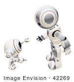 #42269 Clip Art Graphic of a Silver Futuristic Robot Chatting With A Cam by Jester Arts