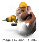 #42304 Clip Art Graphic of a 3d Hamster Using A Power Drill by Jester Arts