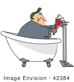 #42384 Clip Art Graphic Of A Plumber Fixing Pipes On A Claw Foot Tub