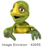 #43055 Royalty-Free (Rf) Cartoon Clipart Of A 3d Turtle Mascot Smiling And Pointing Down At A Blank Sign