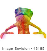 #43185 Royalty-Free (RF) Illustration of a 3d Rainbow Colored Chameleon Lizard Mascot Standing Behind A Blank Sign by Julos