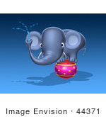 #44371 Royalty-Free (Rf) Illustration Of A 3d Blue Elephant Mascot Standing On A Circus Ball And Spraying Water - Pose 1