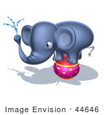 #44646 Royalty-Free (Rf) Illustration Of A 3d Blue Elephant Mascot Standing On A Circus Ball And Spraying Water - Pose 4