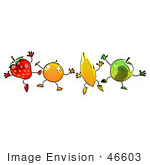 #46603 Royalty-Free (RF) Illustration Of A Line Of Orange, Banana, Green Apple And Strawberry Mascots Jumping by Julos
