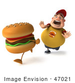 #47021 Royalty-Free (Rf) Illustration Of A 3d Fat Burger Boy Mascot Chasing A Cheeseburger - Version 2