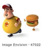 #47022 Royalty-Free (Rf) Illustration Of A 3d Fat Burger Boy Mascot Running From A Cheeseburger - Version 2