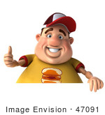#47091 Royalty-Free (RF) Illustration Of A 3d Fat Burger Boy Mascot Giving The Thumbs Up And Holding A Sign by Julos