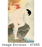 #47455 Royalty-Free Stock Illustration Of Autumn Maple Leaves Around A Nude Asian Woman Bathing Her Feet Over A Stream While Leaning On A Rock