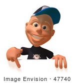 #47740 Royalty-Free (Rf) Illustration Of A 3d White Boy Pointing Down And Standing Behind A Blank Sign