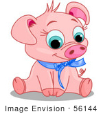 #56144 Clip Art Of An Adorable Pink Male Piggy Wearing A Blue Ribbon Sitting And Smiling
