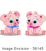 #56145 Clip Art Of Cute Male And Female Piggies Wearing Blue And Pink Ribbons Sitting And Smiling