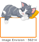 #56214 Clip Art Illustration Of An Adorable Gray Kitten Napping On A Pillow Over A Blank Text Box
