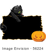 #56224 Royalty-Free (Rf) Clip Art Illustration Of A Black Kitten Looking Over A Black Sign At A Halloween Pumpkin