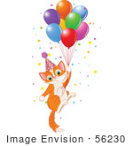 #56230 Royalty-Free (Rf) Clip Art Illustration Of An Orange Birthday Kitten Floating Away With Balloons And Confetti