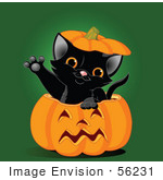#56231 Royalty-Free (Rf) Clip Art Illustration Of A Cute Black Kitten Reaching Its Paw Out Of A Halloween Pumpkin