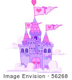 #56268 Clip Art Illustration Of A Purple Castle With Pink Turrets And Heart Flags Floating In The Clouds