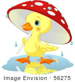 #56275 Clip Artillustration Of A Cute Yellow Duckling Strolling Under A Mushroom Umbrella On A Rainy Spring Day