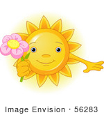 #56283 Clip Art Illustration Of A Cute Sun Character Holding A Pink Flower