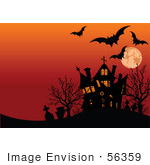 #56359 Royalty-Free (Rf) Clip Art Illustration Of Bats Tombstones And A Haunted House Silhouetted Under An Orange Full Moon Sky