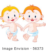 #56373 Royalty-Free (Rf) Clip Art Illustration Of Blond And Strawberry Blond Babies Holding Hands And Walking In Diapers