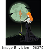 #56375 Royalty-Free (Rf) Clip Art Illustration Of A Sexy Halloween Witch And Black Cat On A Grassy Hill Against A Full Moon With Bats