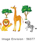 #56377 Royalty-Free (Rf) Clip Art Illustration Of A Digital Collage Of African Trees And Animals; Friendly Lion Tall Giraffe And Rearing Zebra
