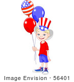 #56401 Clip Art Illustration Of A Happy American Boy Wearing The Stars And Stripes Holding Patriotic Balloons