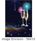 #56413 Royalty-Free (Rf) Clip Art Illustration Of Two Champagne Glasses Under Fireworks On A Dark Background With Waves Snowflakes And A New Year Clock