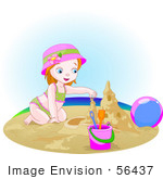 #56437 Royalty-Free (Rf) Clip Art Illustration Of A Small Girl Building A Sand Castle On A Beach