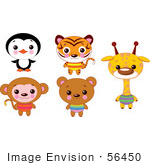 #56450 Royalty-Free (RF) Clip Art Illustration Of A Digital Collage Of Cute Animals With Big Heads; Penguin, Tiger, Monkey, Bear And Giraffe by pushkin