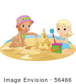 #56466 Royalty-Free (Rf) Clip Art Illustration Of Two Sisters Building A Sand Castle On A Beach