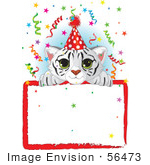 #56473 Royalty-Free (Rf) Clip Art Illustration Of A Adorable White Tiger Cub Wearing A Party Hat Looking Over A Blank Starry Sign With Colorful Confetti