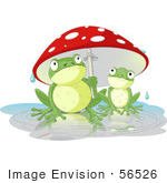 #56526 Clip Art Illustration Of An Adult Frog Holding A Mushroom Umbrella Over A Baby Frog On A Rainy Day