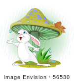 #56530 Clip Art Illustration Of A Wild White Bunny Rabbit Standing Under A Mushroom Reaching Out To Catch Rain Drops In His Hand