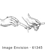 #61345 Retro Clipart Of Hands Removing Half A Spoon Full Of An Ingredient With A Knife In Black And White - Royalty Free Vector Illustration
