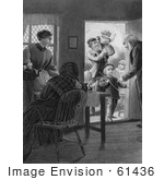 #61436 Retro Clipart Of A Mother Grandparents And Father With Children At A Door In Black And White - Royalty Free Illustration