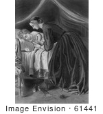 #61441 Retro Clipart Of A Nurturing Mother Tucking Her Child In To Bed In Black And White - Royalty Free Illustration