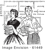 #61449 Retro Clipart Of A Vintage Teenage Couple With Books And School Blueprints In Black And White - Royalty Free Vector Illustration