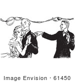 #61450 Retro Clipart Of A Vintage Boy Pointing At A Teenage Couple Dancing At High School Prom In Black And White - Royalty Free Vector Illustration