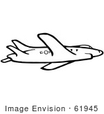 #61945 Clipart Of A Flying Airplane In Black And White - Royalty Free Vector Illustration