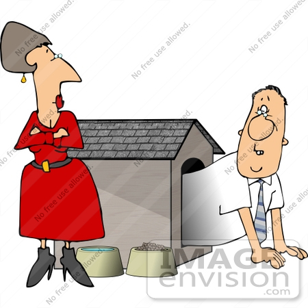 #14783 Caucasian Couple Having Marital Problems, Man in a Dog House Clipart 