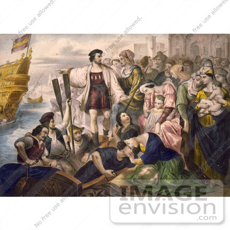 #1637 Illustration of Christoper Columbus and His Crew Leaving the Port of Palos, Spain by JVPD