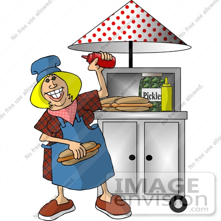 #17666 Female Hot Dog Stand Employee Making Hot Dogs Clipart by DJArt