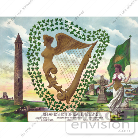 #17775 Picture of Irish Symbols Including a Flag, Dog, Cross, Abbey, Lakes of Killarney, Standard of Erin, Harp, Shamrocks and Round Tower by JVPD
