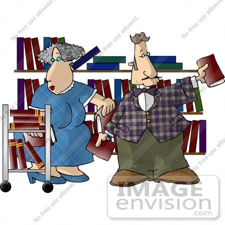 #18359 Man and Woman Re-Shelving Books in a Library Clipart by DJArt