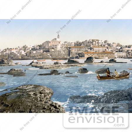 #18398 Photo of Men in a Boat at Jaffa on the Mediterranean Sea, Holy Land, Israel by JVPD