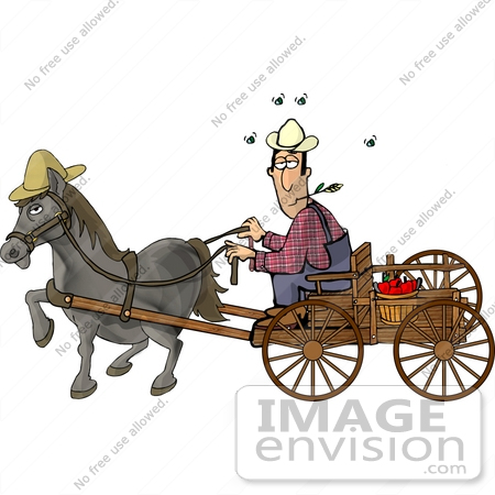  Farmer Man Chewing on Straw While Riding a Horse Drawn Carriage Clipart